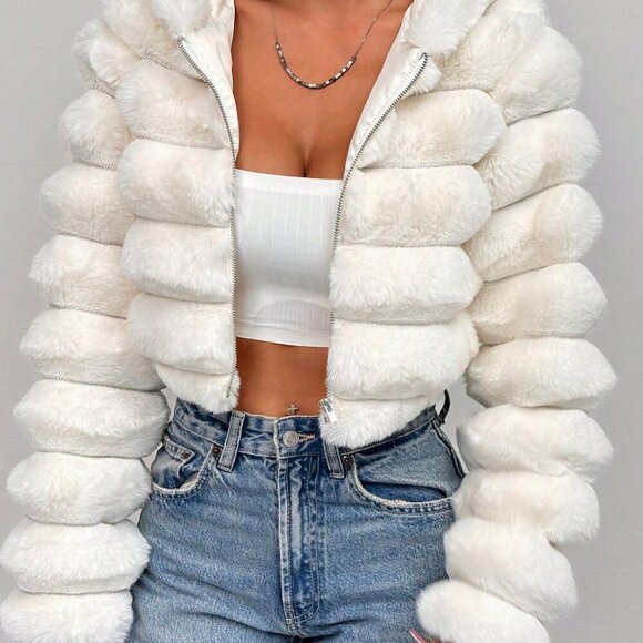 Casual Women's Fluffy faux fur Hooded Cropped Jacket - Picture 7 of 7